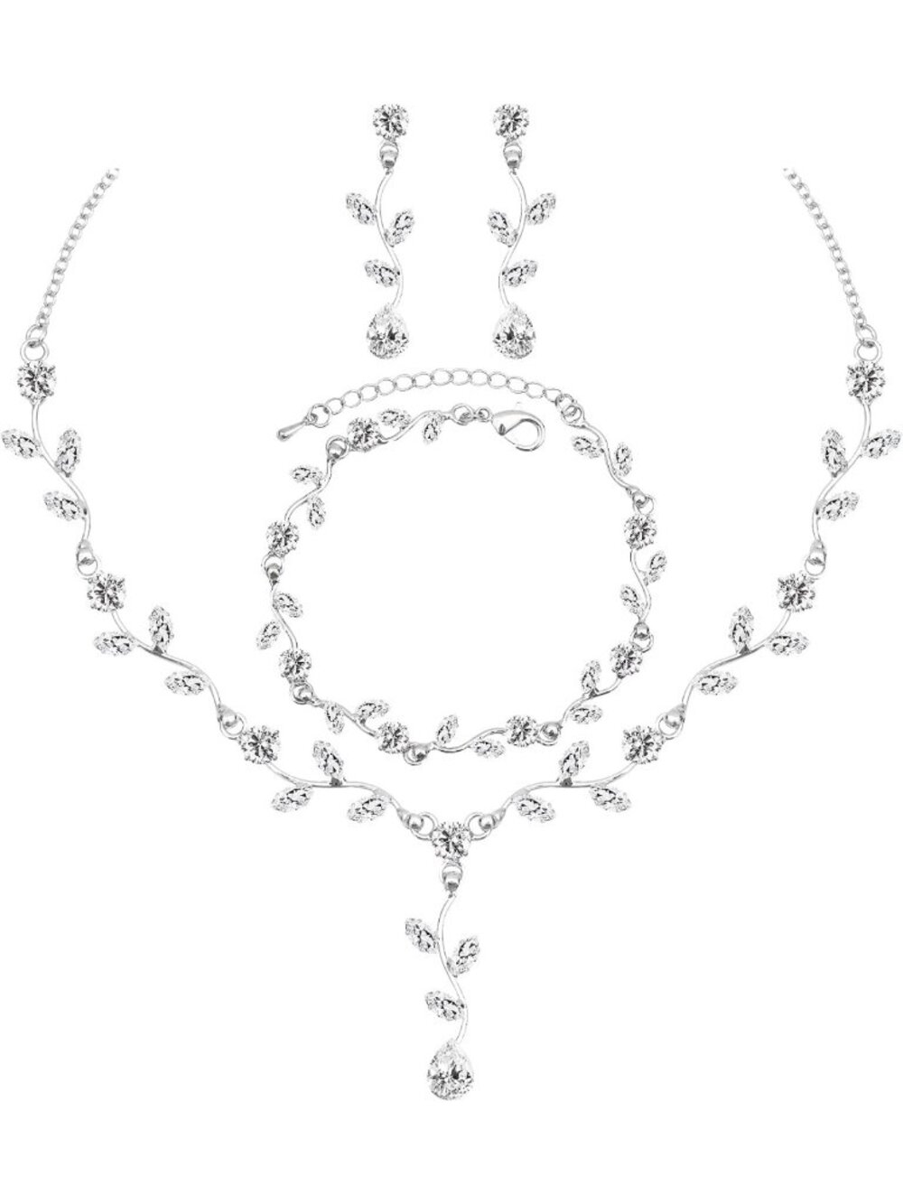 Stunning Leaf Design Bridal Jewelry Set - Cubic Zirconia Necklace, Earrings
